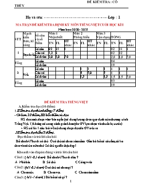 Bài kiểm tra Cuối học kỳ I môn Tiếng Việt Lớp 1 (Bộ sách Cánh Diều)